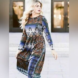 ZARA Trafaluc Boho Hippie Long Sleeve Midi Dress Size Small